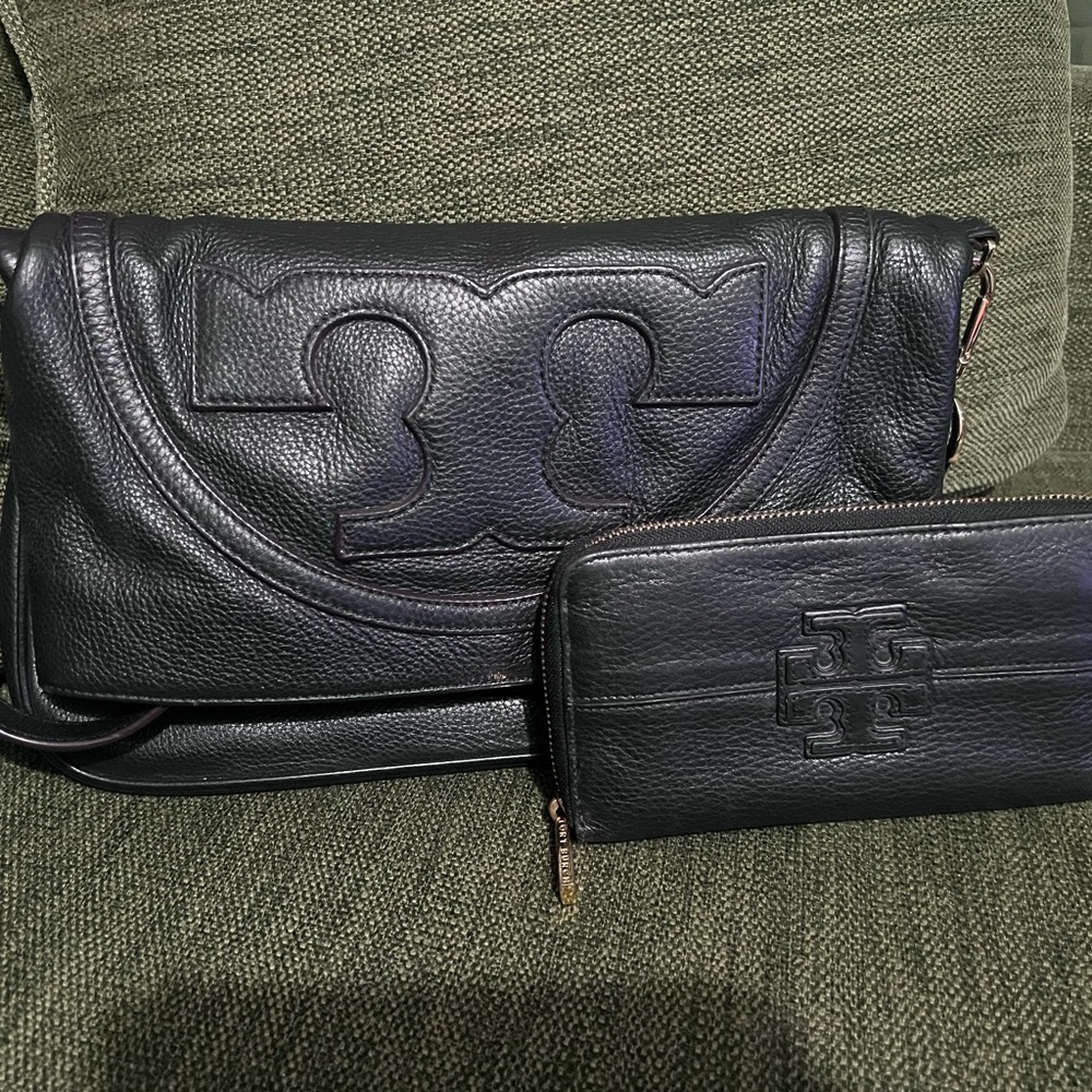 Tory Burch Black Leather Crossbody and Wallet